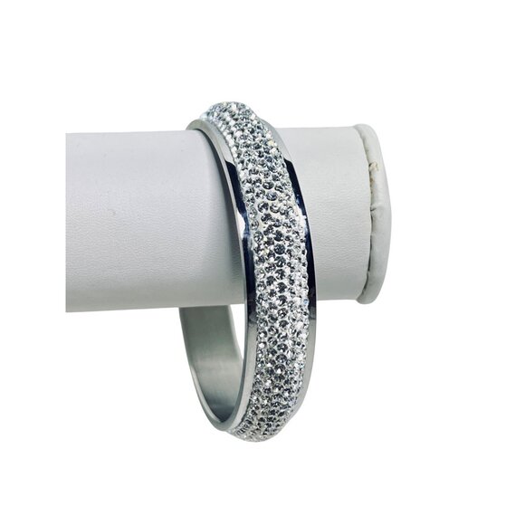 GM Jewelry - Stainless Steel Clear Rhinestone Statement Bangle Bracelet Signed GM (6212)